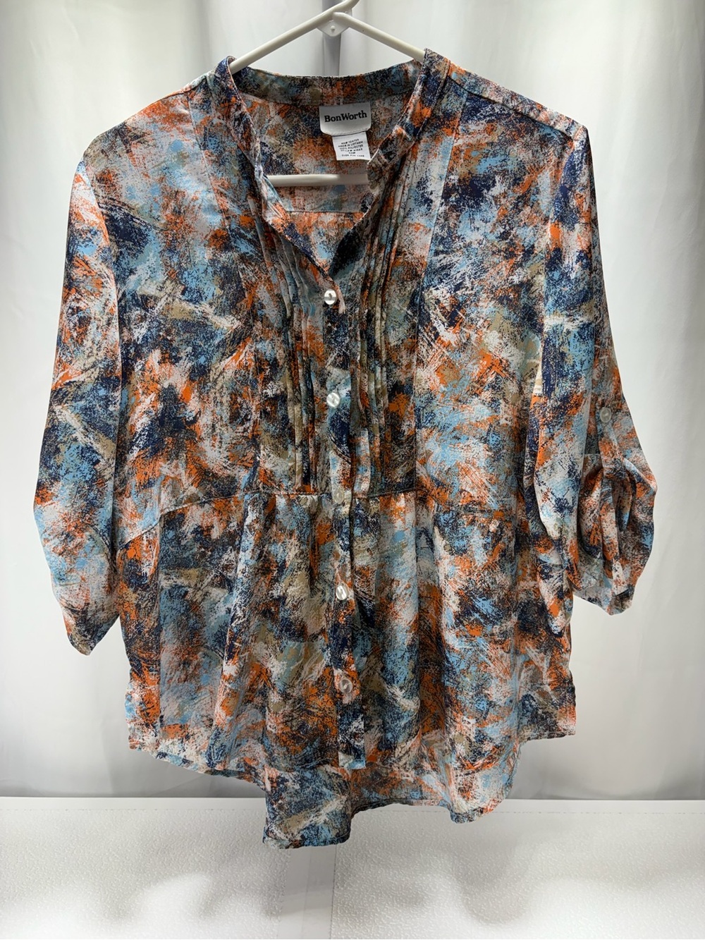 BonWorth Abstract Pintuck Button Blouse in Blue, Orange & White 4349